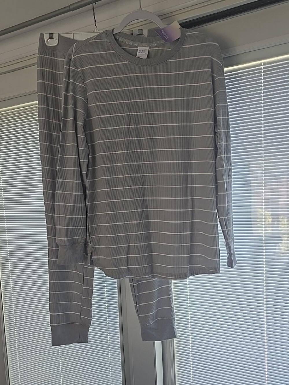 stars above Gray and White Striped Ribbed Pajama Set